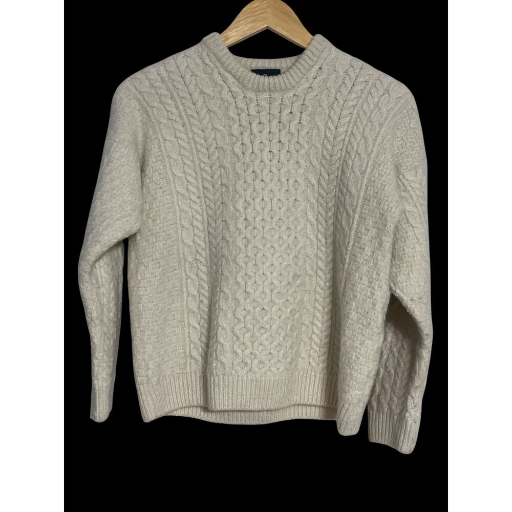 Aran Woollen Mills Wool Cable Knit Crewneck Sweater White W M Embroider Crochet